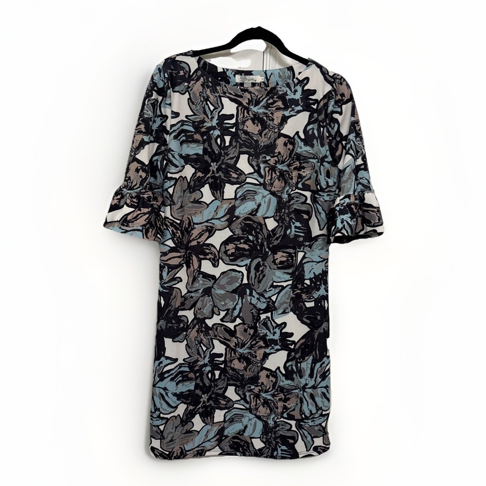 Aryeh Floral Knit Shift Dress 3/4 Bell Sleeve Black Blue White M